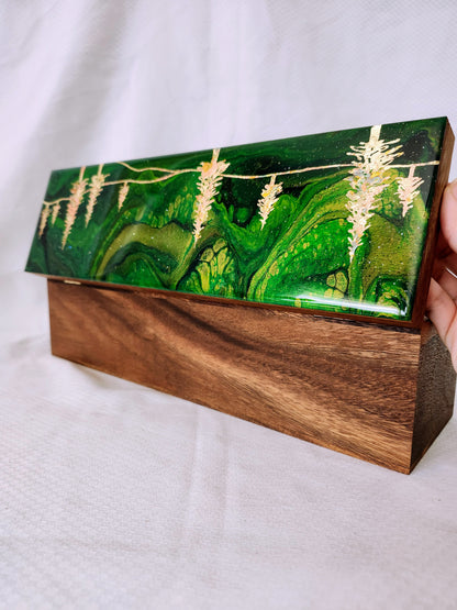 Aurora Inspired Tea Box (green sky gold trees)