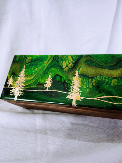 Aurora Inspired Tea Box (green sky gold trees)