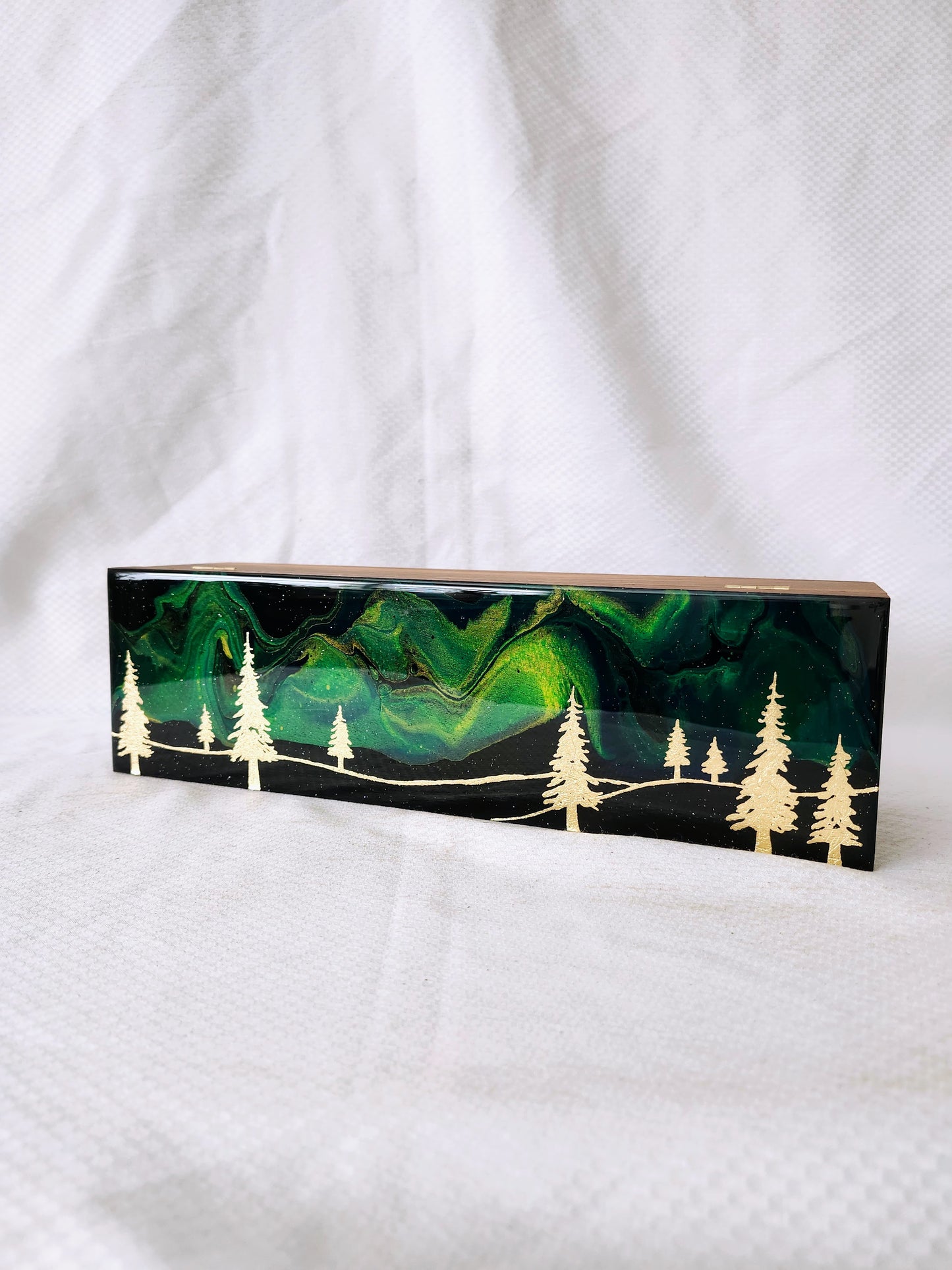 Aurora Inspired Tea Box (green sky gold trees)