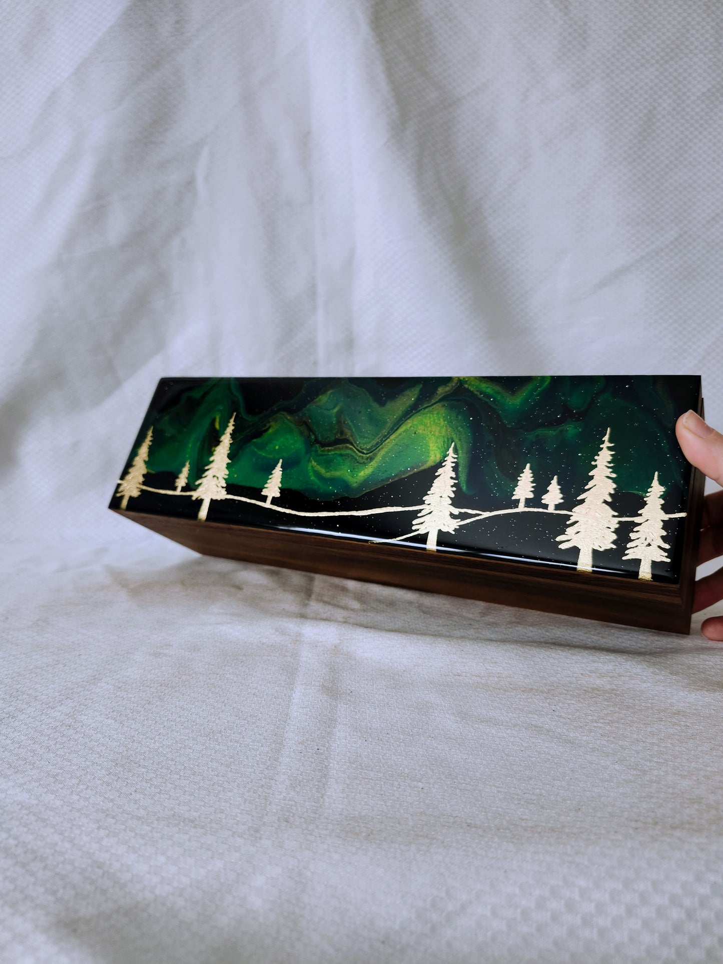 Aurora Inspired Tea Box (green sky gold trees)