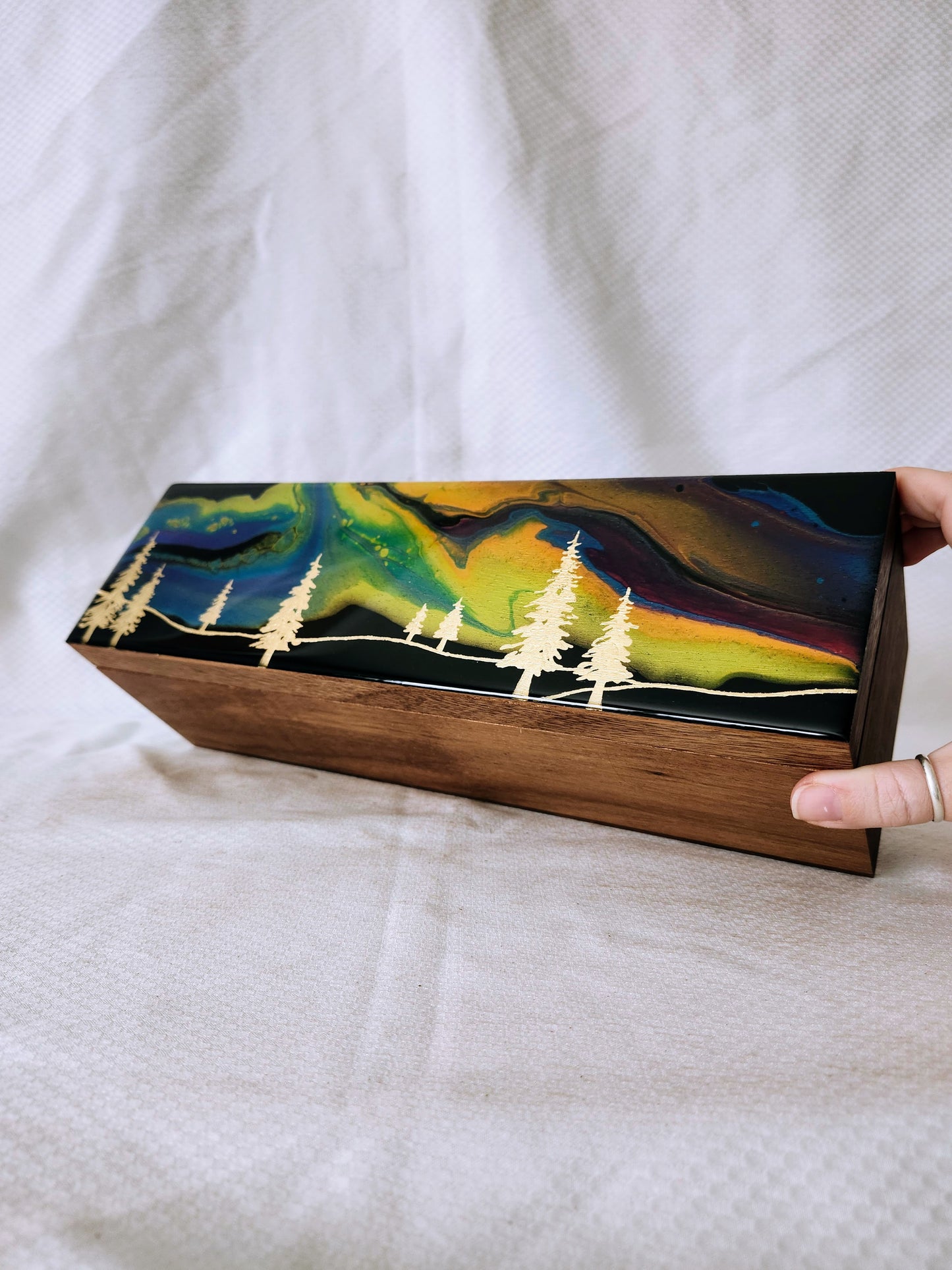 Aurora Inspired Tea Box (multicolor sky gold trees)