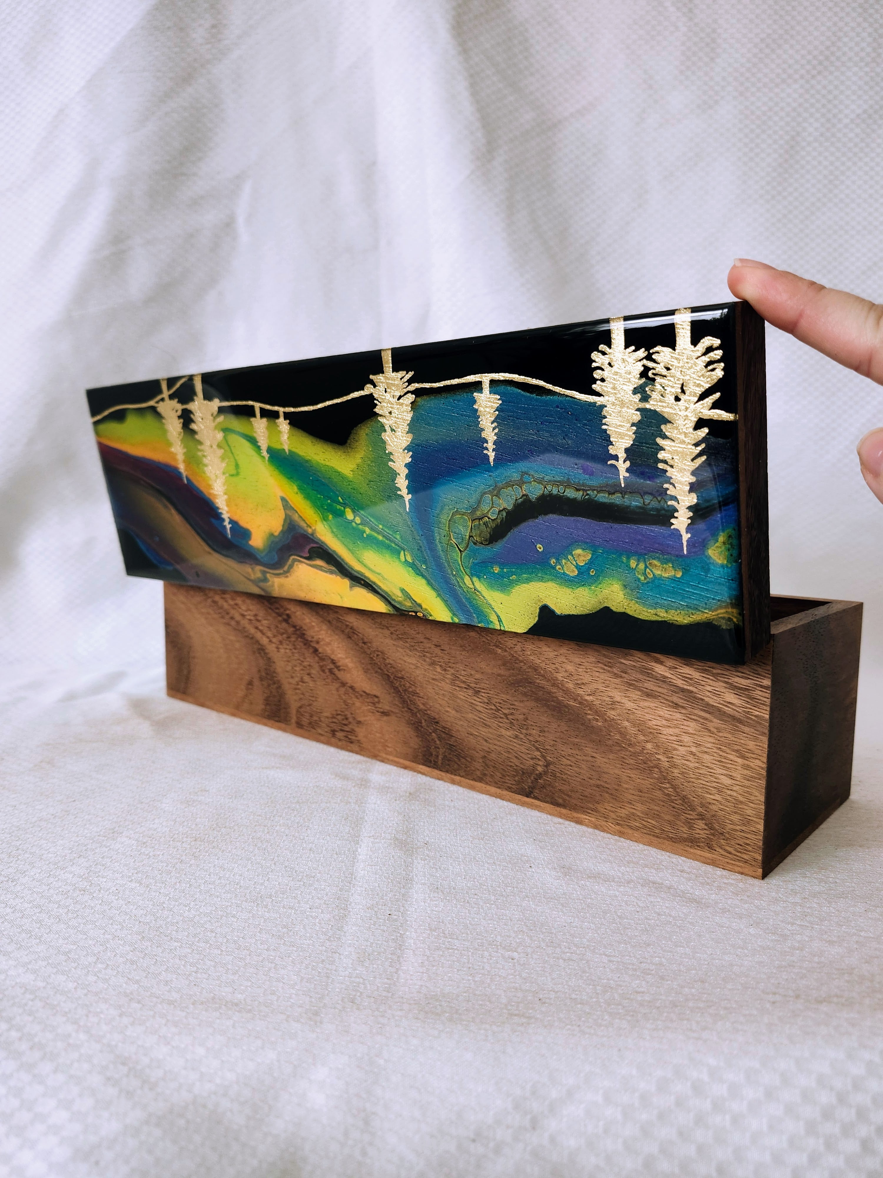 Aurora Inspired Tea Box (multicolor sky gold trees) – Sarah Lee Studio