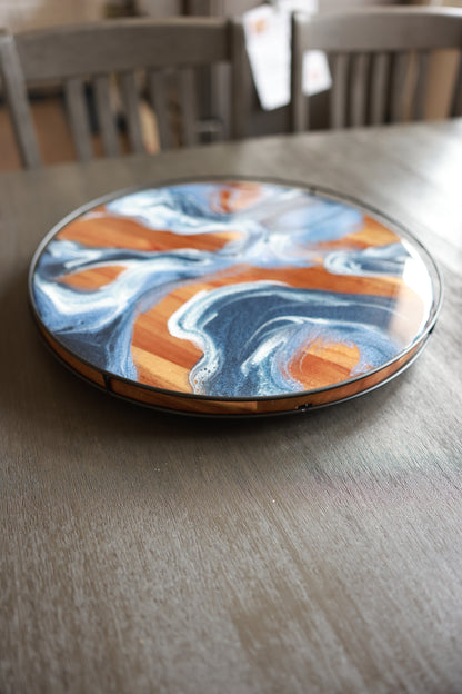 Metal Rail Lazy Susan | Navy Blue and White Swirl