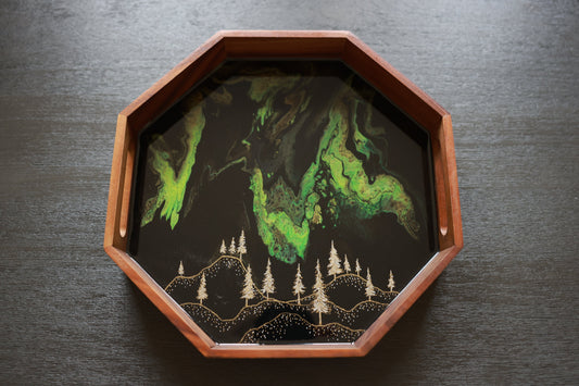 Serving Tray | Gold & Silver Trees and Green Auroras