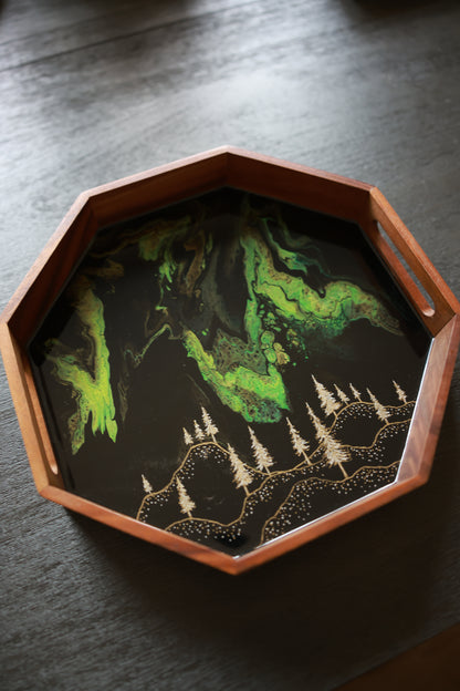 Serving Tray | Gold & Silver Trees and Green Auroras