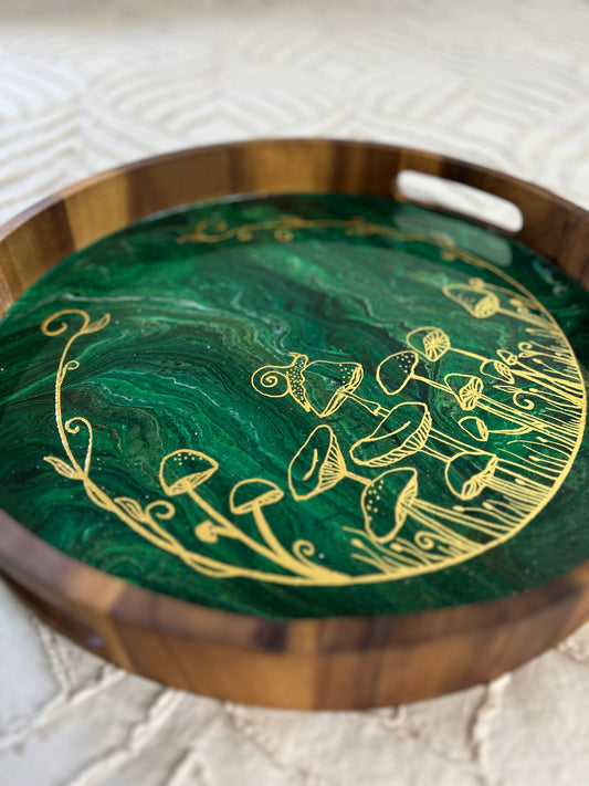 Gilded green and gold Mushroom Serving Tray | Medium