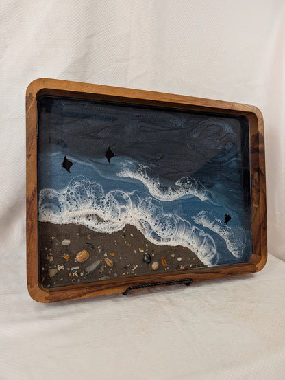 Extra large Rectangle Serving Tray Stormy Ocean with Sandy beach