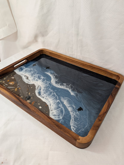 Extra large Rectangle Serving Tray Stormy Ocean with Sandy beach