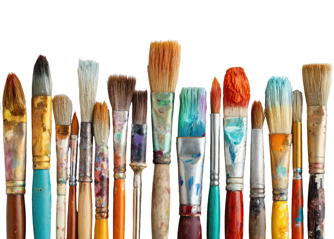 A group of used paint brushes with stained wooden handles and bristles, arranged upright against a solid white background.