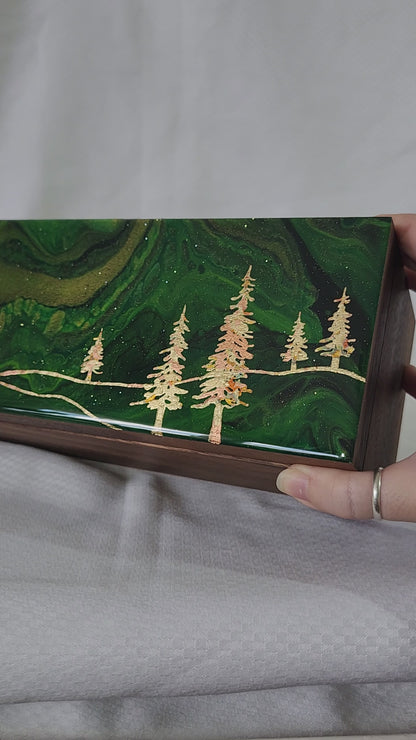 Aurora Inspired Tea Box (green sky gold trees)