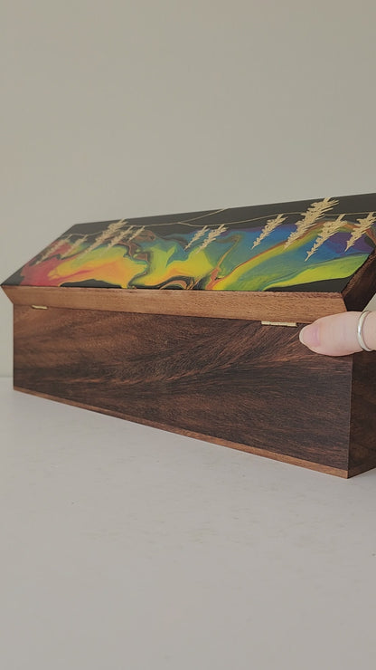 Aurora Inspired Tea Box (rainbow sky, gold trees)