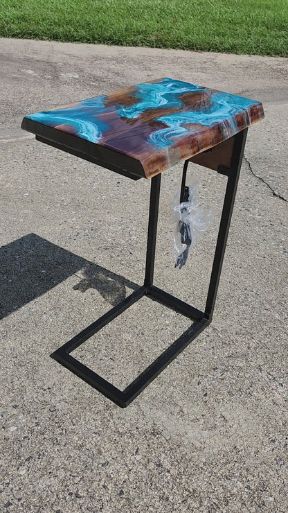 Black Walnut Aqua Swirl "C" Table, double live edge, with outlets